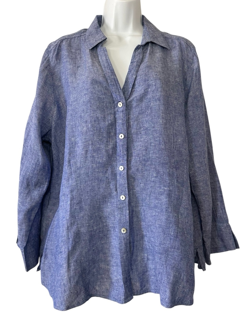 Foxcroft NYC Women's Blue 100% Linen Button Up Side Slit V-Neck Blouse- XL